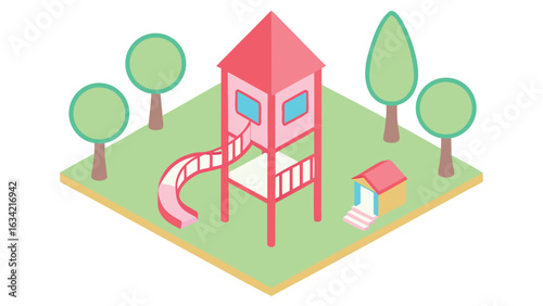 Children playground illustration with slide tower trees and outdoor recreation area
