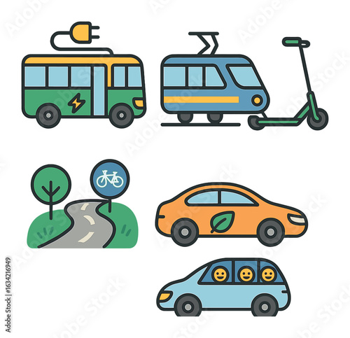 Eco-Friendly Transport Icons. Flat vector mini-illustrations Alternative clean transport in colors children's
