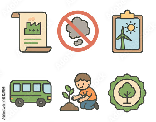 Eco-Friendly Government Icons. Flat vector mini-illustrations Government action on air pollution in colors