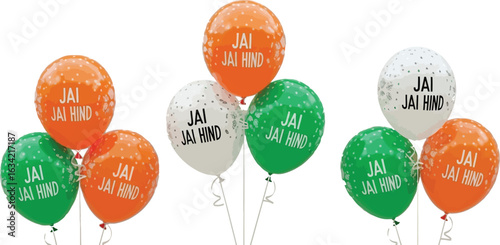 A festive arrangement of balloons in tricolor with jai hind message against a neutral background