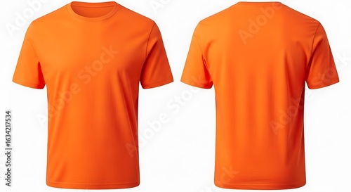 Orange short sleeve crewneck tshirt, front and back view, isolated on white background
