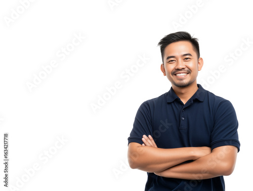 Portrait of a handsome young Asian man smiling confidently with arms crossed, presenting a friendly and professional look. Isolated studio shot on a white background with copy space.