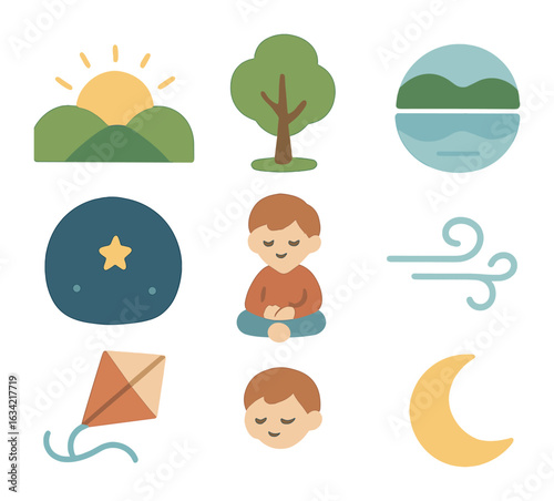 Peaceful Child's Dream. Flat vector mini-illustrations peaceful scenes in colors children's illustrations: