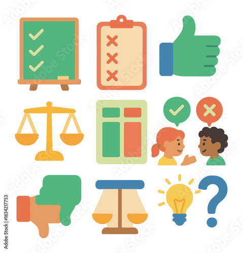 Children's Debate Icons. Flat vector mini-illustrations pros and cons in colors children's illustrations: pro