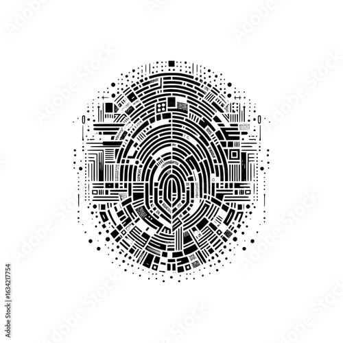 Cybernetic Fingerprint: A detailed and intricate illustration of a fingerprint transformed into a digital landscape, symbolizing modern security and identification.