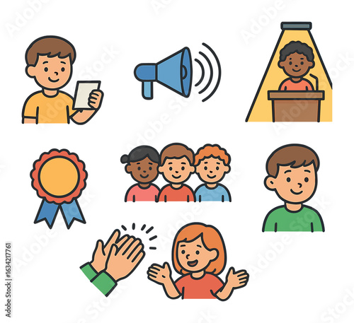 Children's Public Speaking. Flat vector mini-illustrations persuasive speaking in colors children's