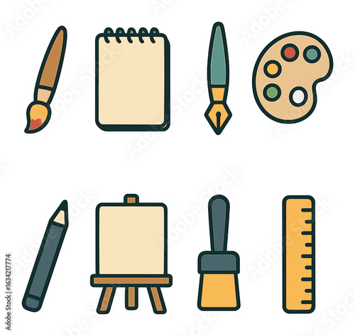 Children's Art Tools Icons. Flat vector mini-illustrations minimalist art tools in colors children's