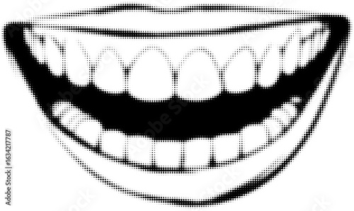 Black and white halftone illustration of a smiling mouth in comic book style