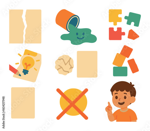 Learning Through Play. Flat vector mini-illustrations learning from mistakes in colors children's