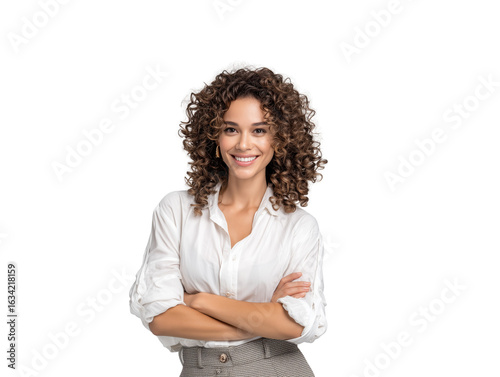 Confident young businesswoman with beautiful curly hair smiling warmly at the camera, standing with arms crossed in a professional white shirt, isolated on a white background for corporate use.