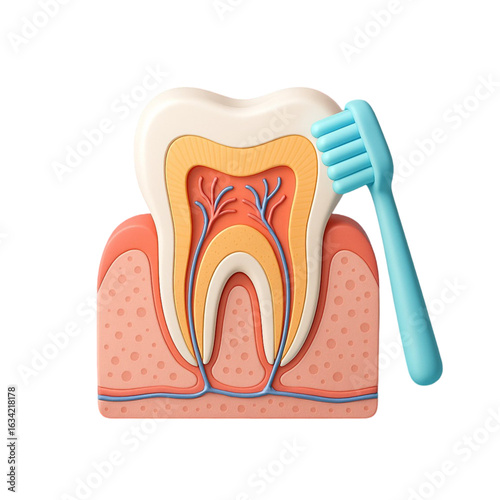 Cross section of a tooth with a toothbrush cleaning isolated on transparent background
