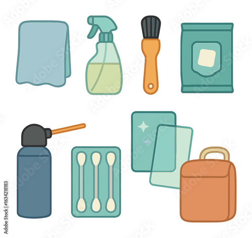Tech Care Kit. Flat vector mini-illustrations tech care kits in colors children's illustrations: soft cloth,