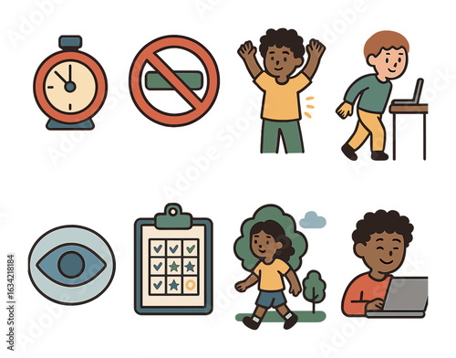 Tech Balance Icons. Flat vector mini-illustrations digital balance habits in colors children's illustrations: