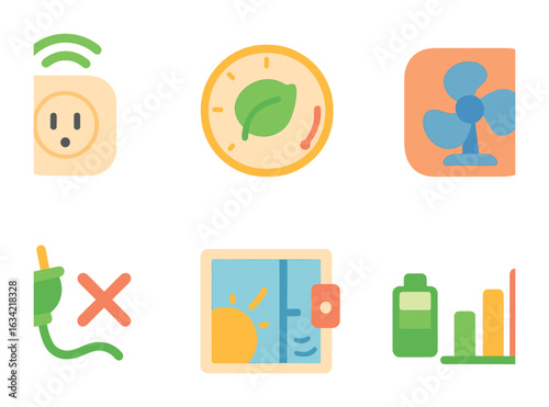 Children's Energy Automation Icons. Flat vector mini-illustrations energy-saving automation in colors children