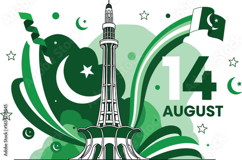 Illustration of minar e pakistan with pakistan flag and crescent moon for independence day celebration