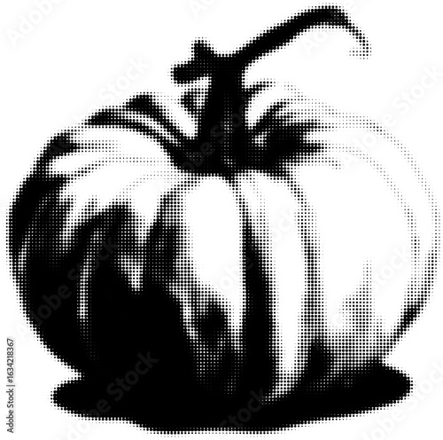 Monochrome halftone silhouette of a plump pumpkin in artistic style