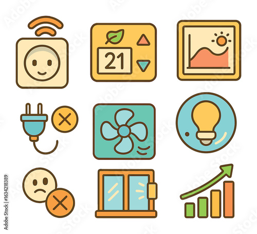 Children's Energy Automation Icons. Flat vector mini-illustrations energy-saving automation in colors children