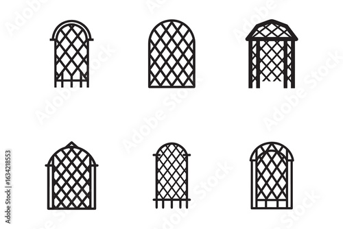 Elegant black and white minimalist illustration showcasing a variety of trellis and arbor designs for landscaping and garden architecture projects