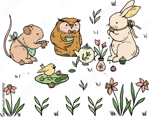 tea party animals with forest element vector illustration