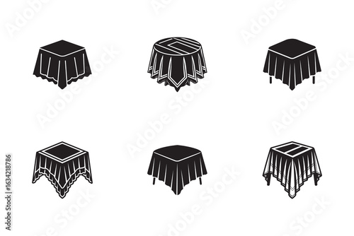 Elegant Black and White Tablecloth Icons for Festive Events and Interior Design Projects with Table Setup Variations
