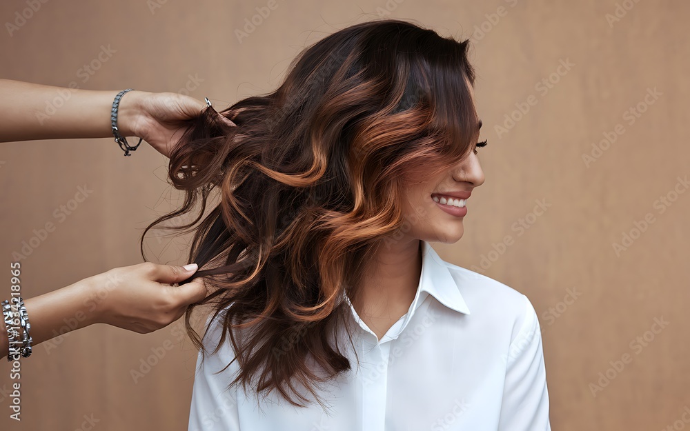 Fototapeta premium Woman's long wavy brown hair styled with copper highlights