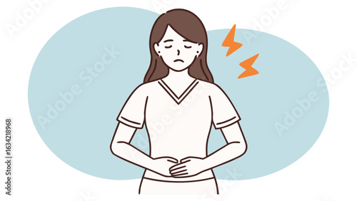Sad woman holding stomach with pain expression suffering from cramps or indigestion
