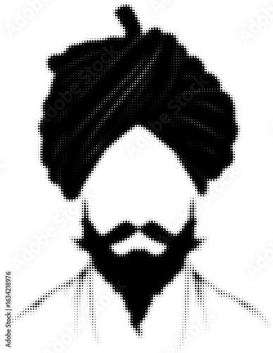 Halftone illustration of a bearded man with a turban and no facial features