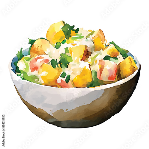 Watercolor bowl of potato salad with green herbs and tomatoes watercolor.vector transparent background cutout
