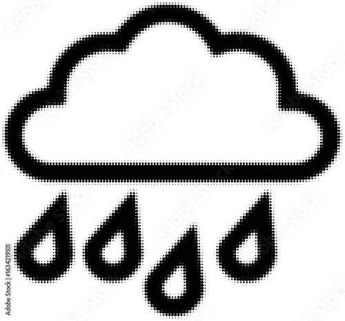 Black outlined rain cloud with droplets in pixel style icon design