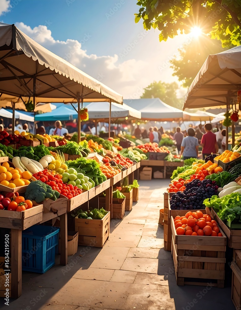 Fototapeta premium Vibrant outdoor market overflowing with fresh produce on a sunny day (1)