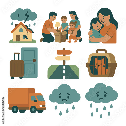 Climate Change Exodus. Flat vector mini-illustrations leaving home due to climate change in colors children's
