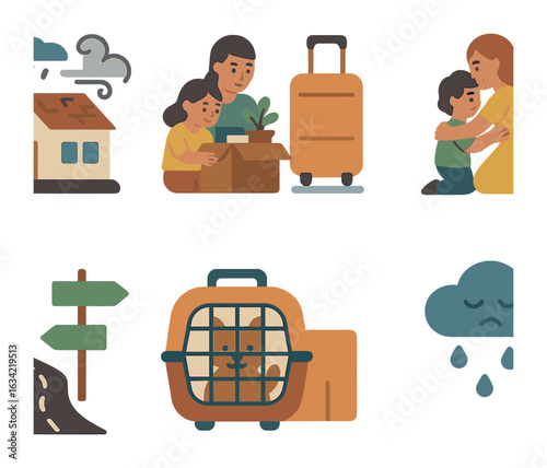Climate Change Exodus. Flat vector mini-illustrations leaving home due to climate change in colors children's