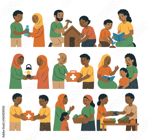 Community Support Icons. Flat vector mini-illustrations helping climate-affected communities in colors