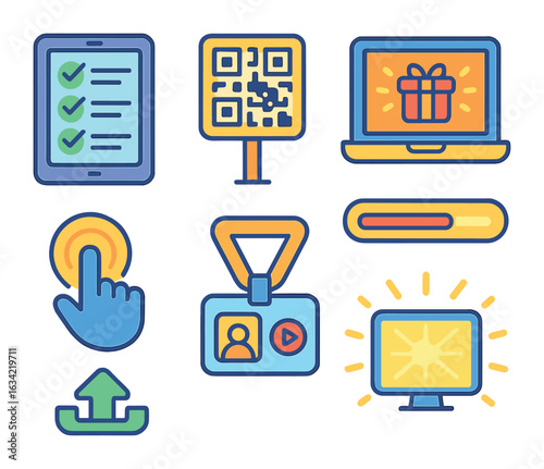 Children's Promo Icons. Flat vector mini-illustrations instructions for digital promo setup in colors children