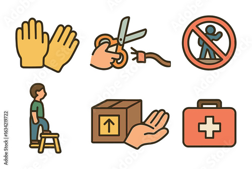 Safety Setup Icons. Flat vector mini-illustrations safety during promo setup in colors children's