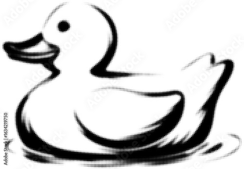 Halftone illustration of a rubber duck floating on water, black and white sketch