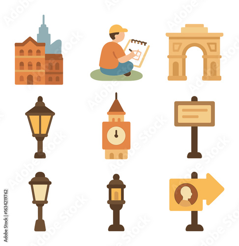 Historic Meets Modern Icons. Flat vector mini-illustrations historical architecture in modern cities in colors