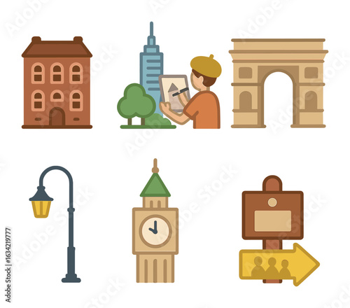 Historic Meets Modern Icons. Flat vector mini-illustrations historical architecture in modern cities in colors