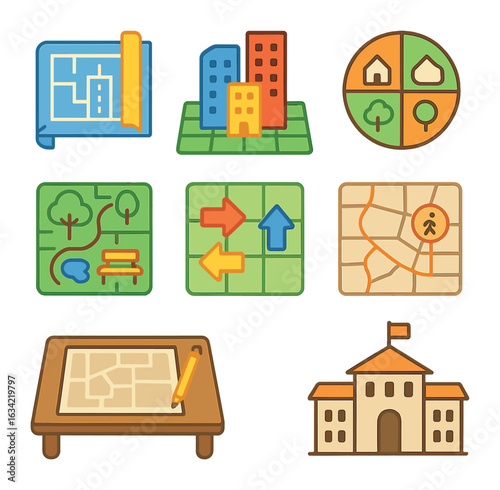 City Planning Icons. Flat vector mini-illustrations city planning scenes in colors children's illustrations: