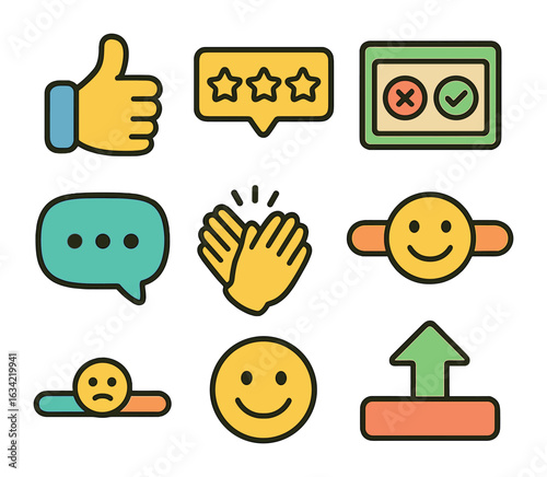 Children's Feedback Icons. Flat vector mini-illustrations online feedback tools in colors children's