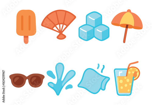 Summer Cool Icons. Flat vector mini-illustrations staying cool in hot weather in colors children's