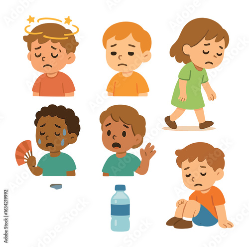 Overheating Symptoms Icons. Flat vector mini-illustrations symptoms of overheating in colors children's