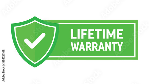 Green lifetime warranty badge with checkmark symbol in flat style
