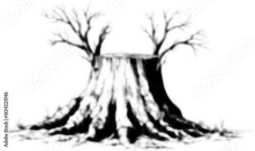Optical illusion of a tree stump forming two tree silhouettes, black and white art