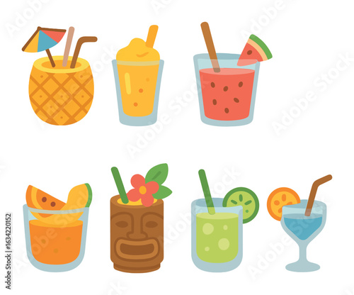 Tropical Summer Drinks. Flat vector mini-illustrations tropical summer drinks in colors children's