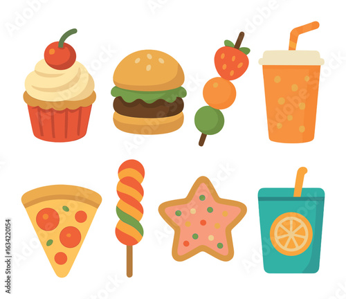 Summer Party Treats. Flat vector mini-illustrations summer kids’ party food in colors children's illustrations