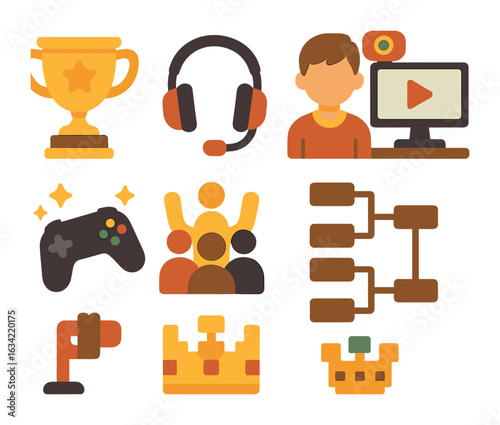 Children's E-Sports Icons. Flat vector mini-illustrations e-sports tournaments and gaming competitions in