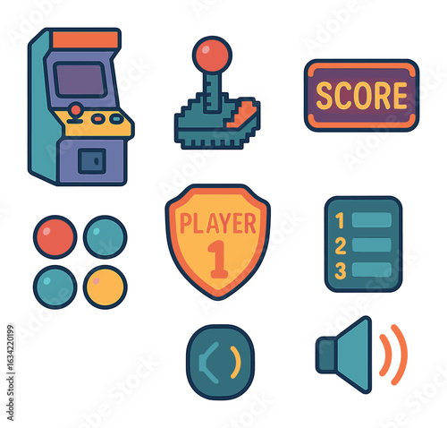 Retro Arcade Icons. Flat vector mini-illustrations retro arcade battles in colors children's illustrations: