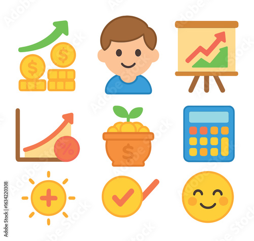 Colorful ROI Icons. Flat vector mini-illustrations return on investment (ROI) in colors children's
