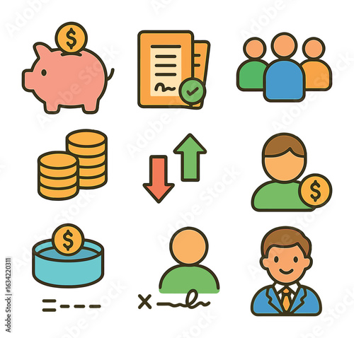 Colorful Finance Icons. Flat vector mini-illustrations limited partners and funds in colors children's